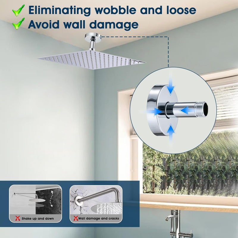 RAINREVIVE 3 Inch Shower Arm with Flange and Stabilizer Bracket, Ceiling Mount Replacement Rain Shower Head 304 Stainless Steel Straight Arm For Fixed Shower Head, Chrome - Image 2